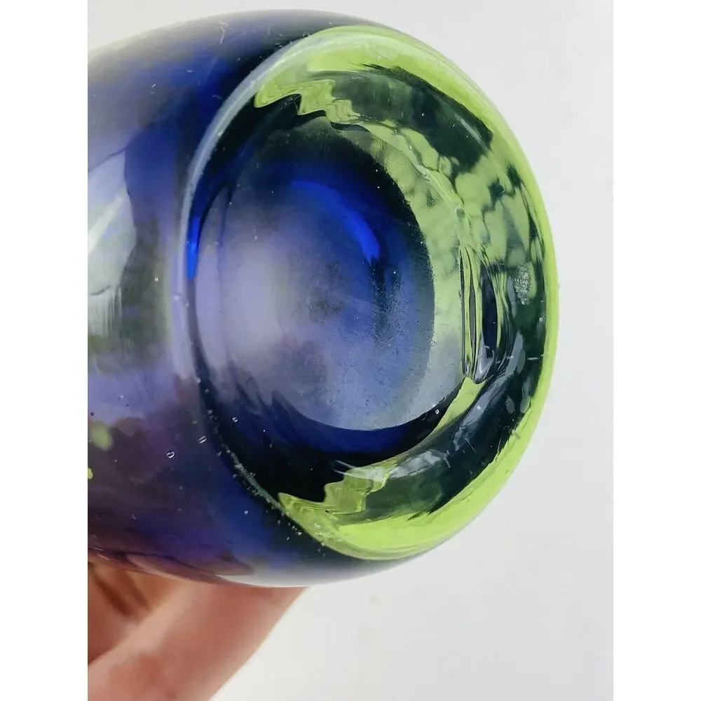 Art Glass Blown Vase 8” Blue Lime Green Splatter Speckle Stripe Wide Mouth Flare